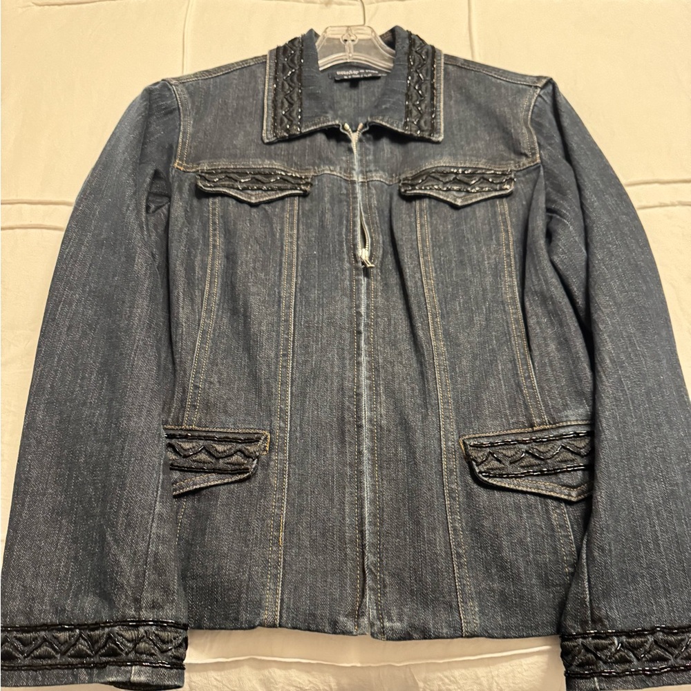 Jones New York Denim Jacket
Women L Blue Dark Wash Stretch
Black Beaded Edges
